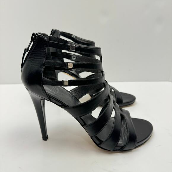 Stuart Weitzman Outing Black Leather Strappy Cage Studded Stiletto Heel Sandal - Picture 4 of 12